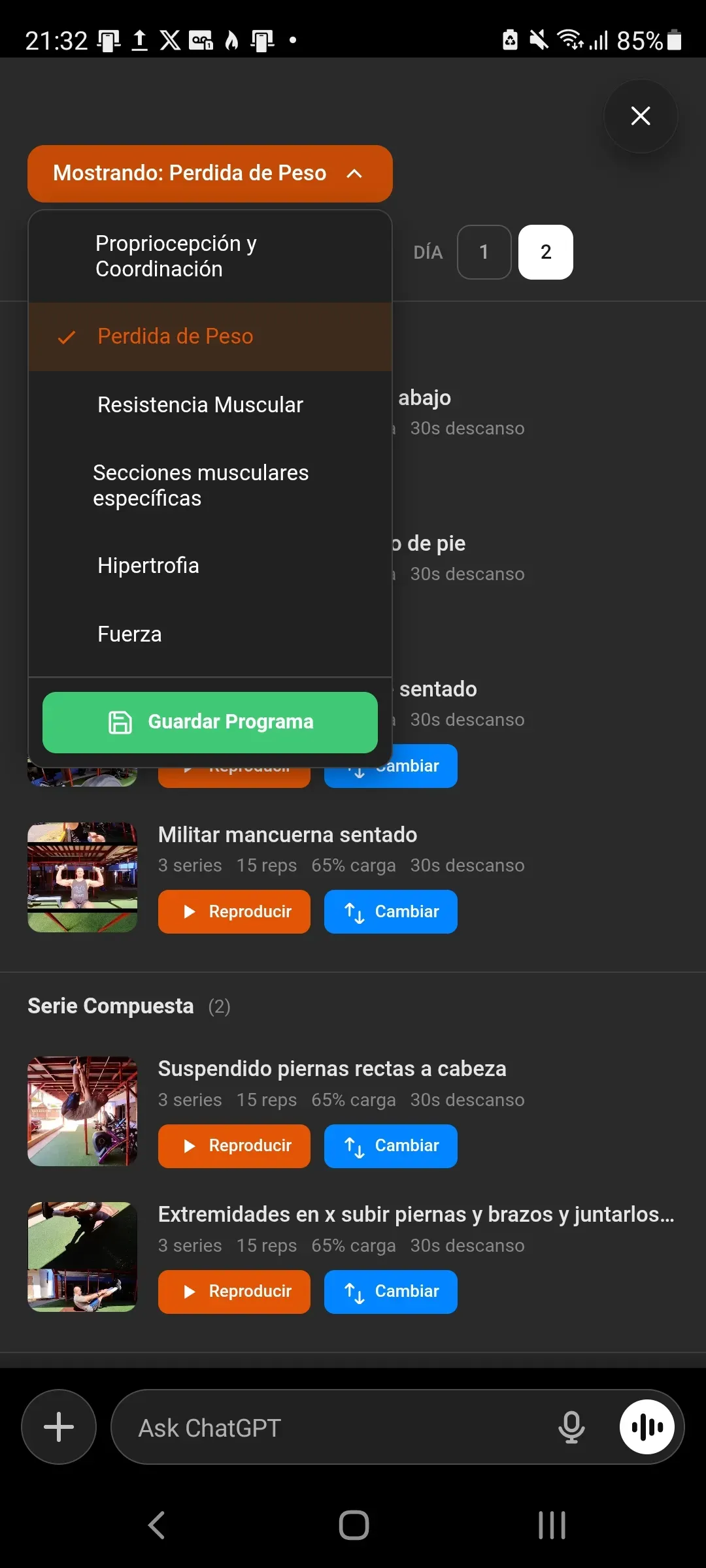 Guardado de programas personalizados Ejercicios Instructor JP Mini App